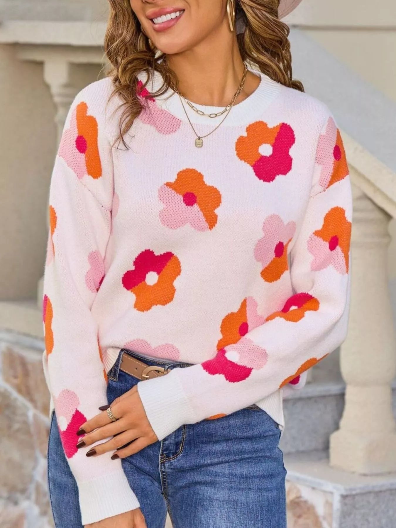 Floral Crew Neck Long Sleeve Sweater
