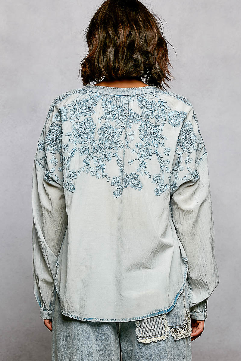 POL Floral Embroidered Button Down Long Sleeve Shirt
