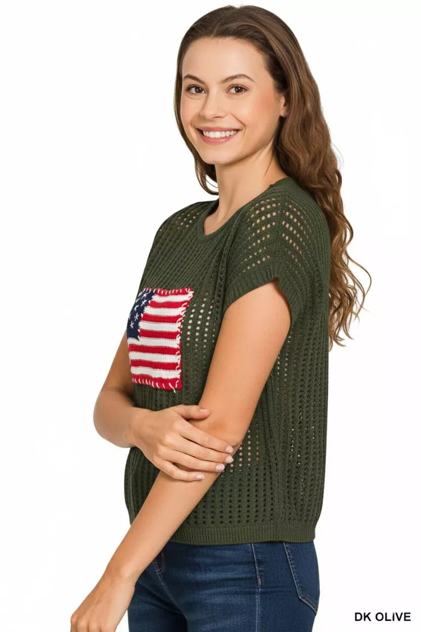 Zenana Viscose American Flag Openwork Knit Top