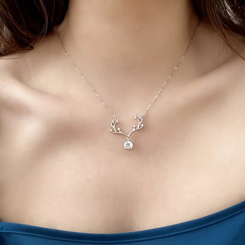 1 Carat Moissanite 925 Sterling Silver Deer Antler Pendant Necklace