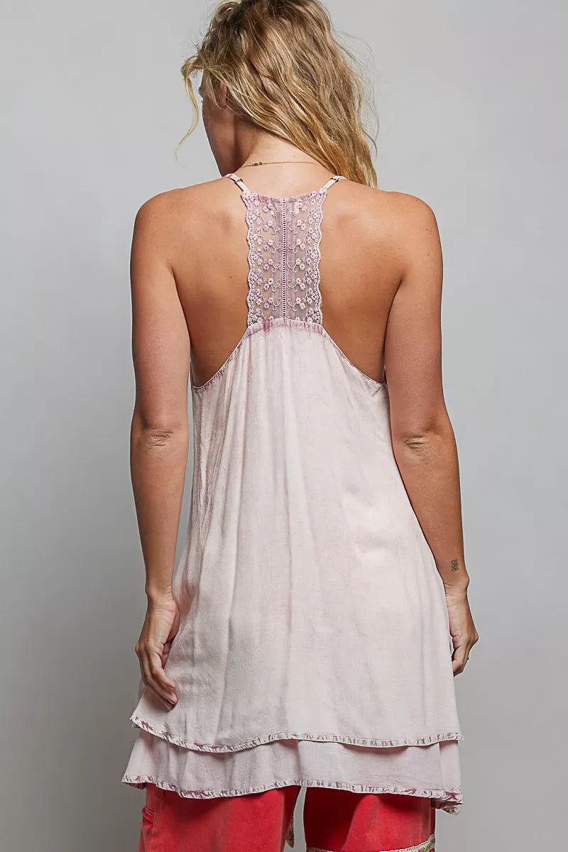 POL Solid Vintage Wash Embroidered Sleeveless Cotton Mini Dress