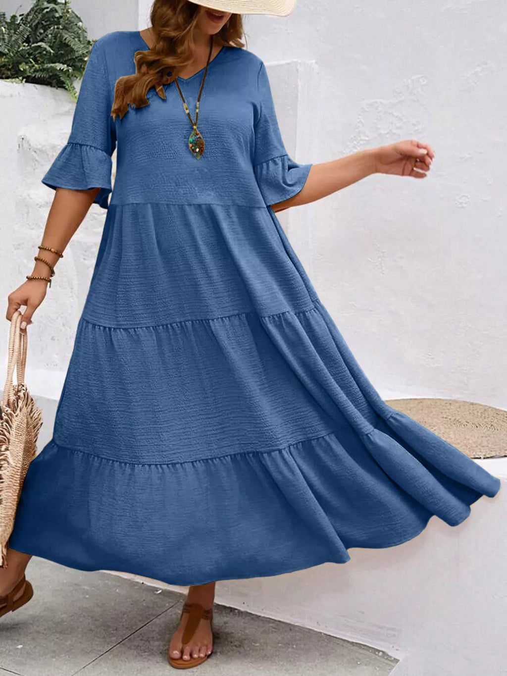 Plus Size Ruffle Sleeves Tiered Midi Dress