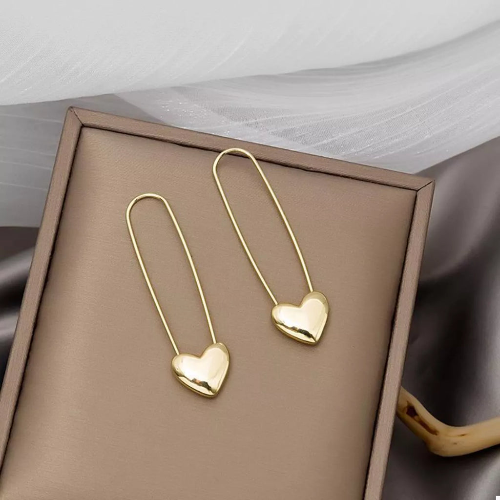 18K Gold-Plated Heart Charm Safety Pin Earrings