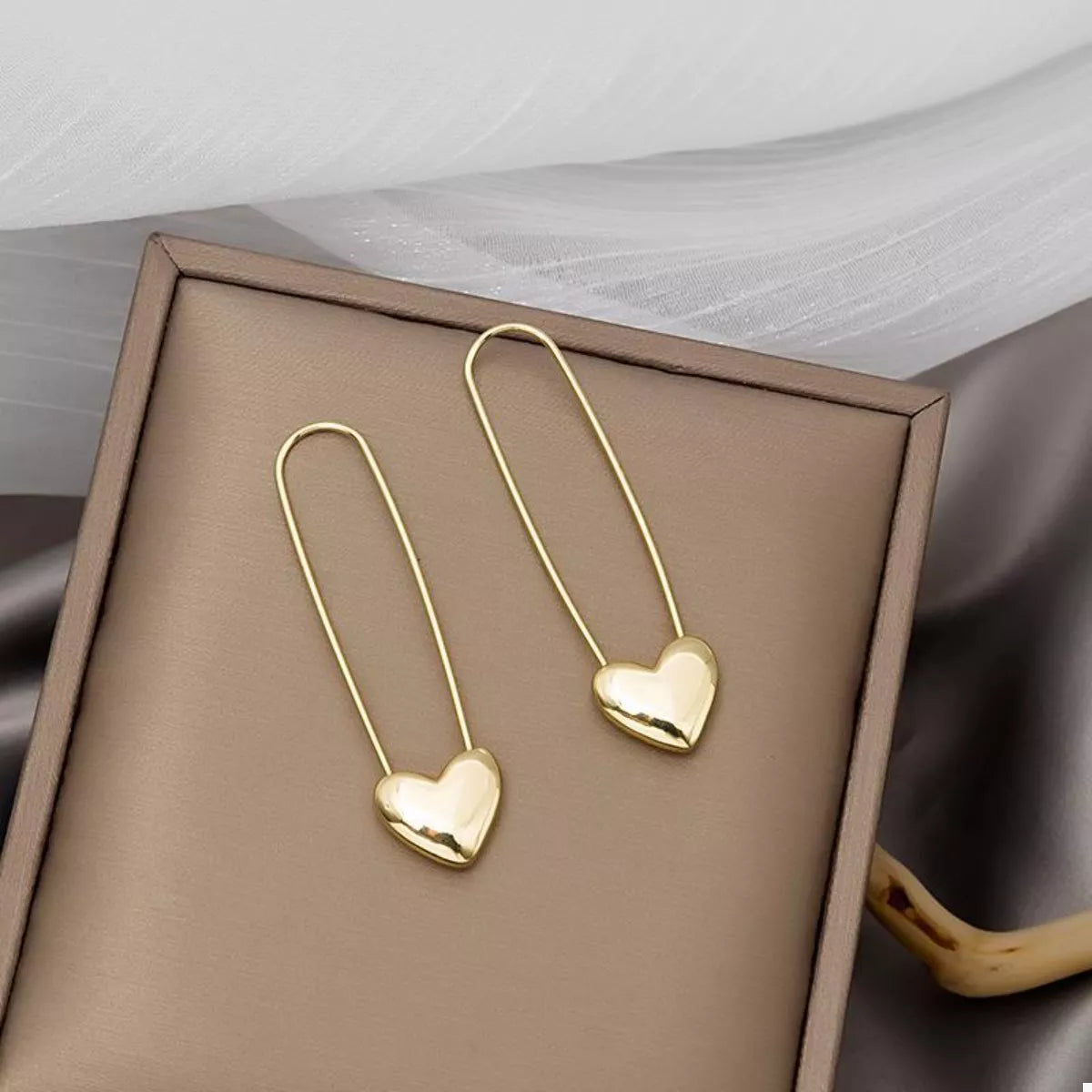 18K Gold-Plated Heart Charm Safety Pin Earrings
