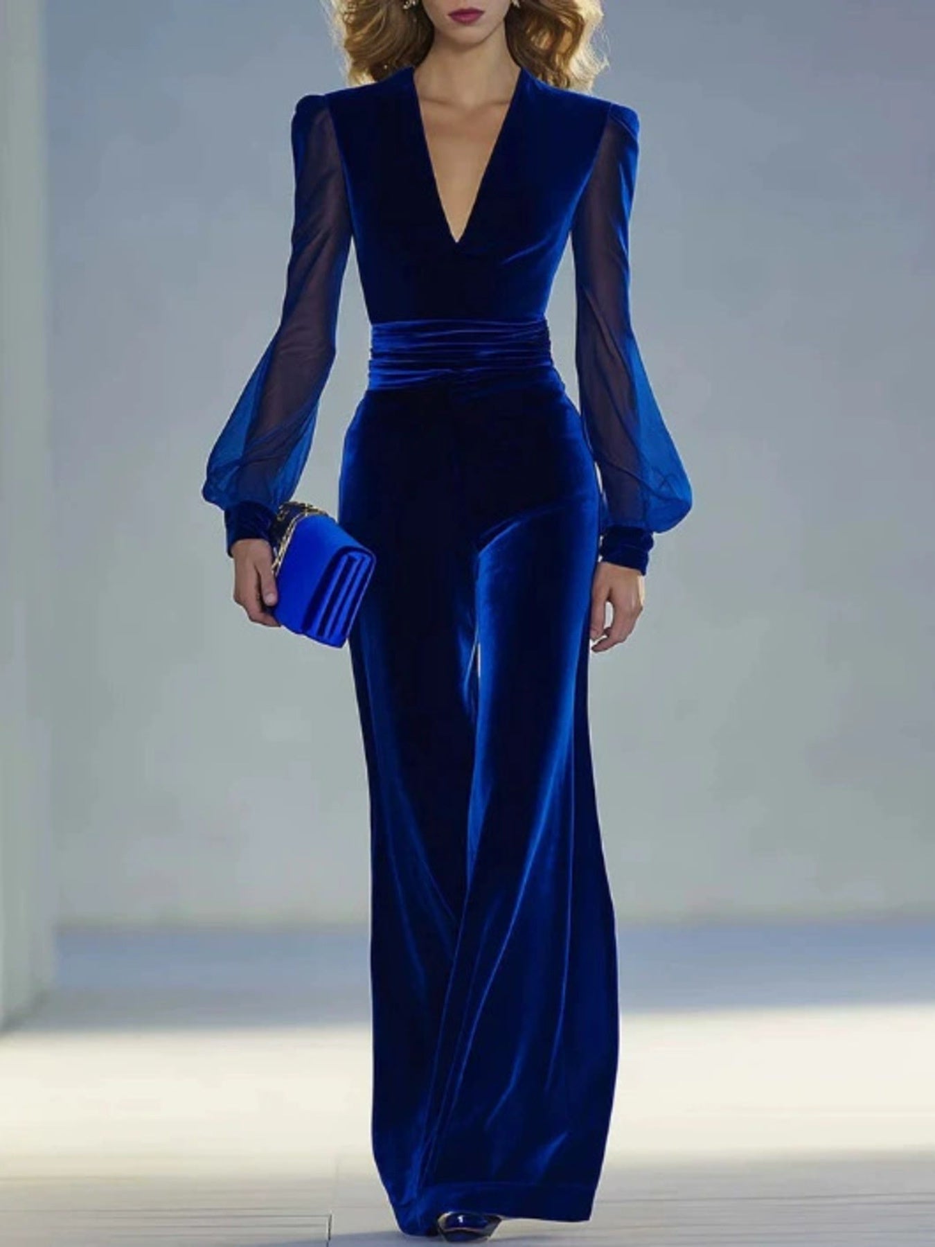 Velvet Wide Leg Jumpsuit with Sheer Sleeves