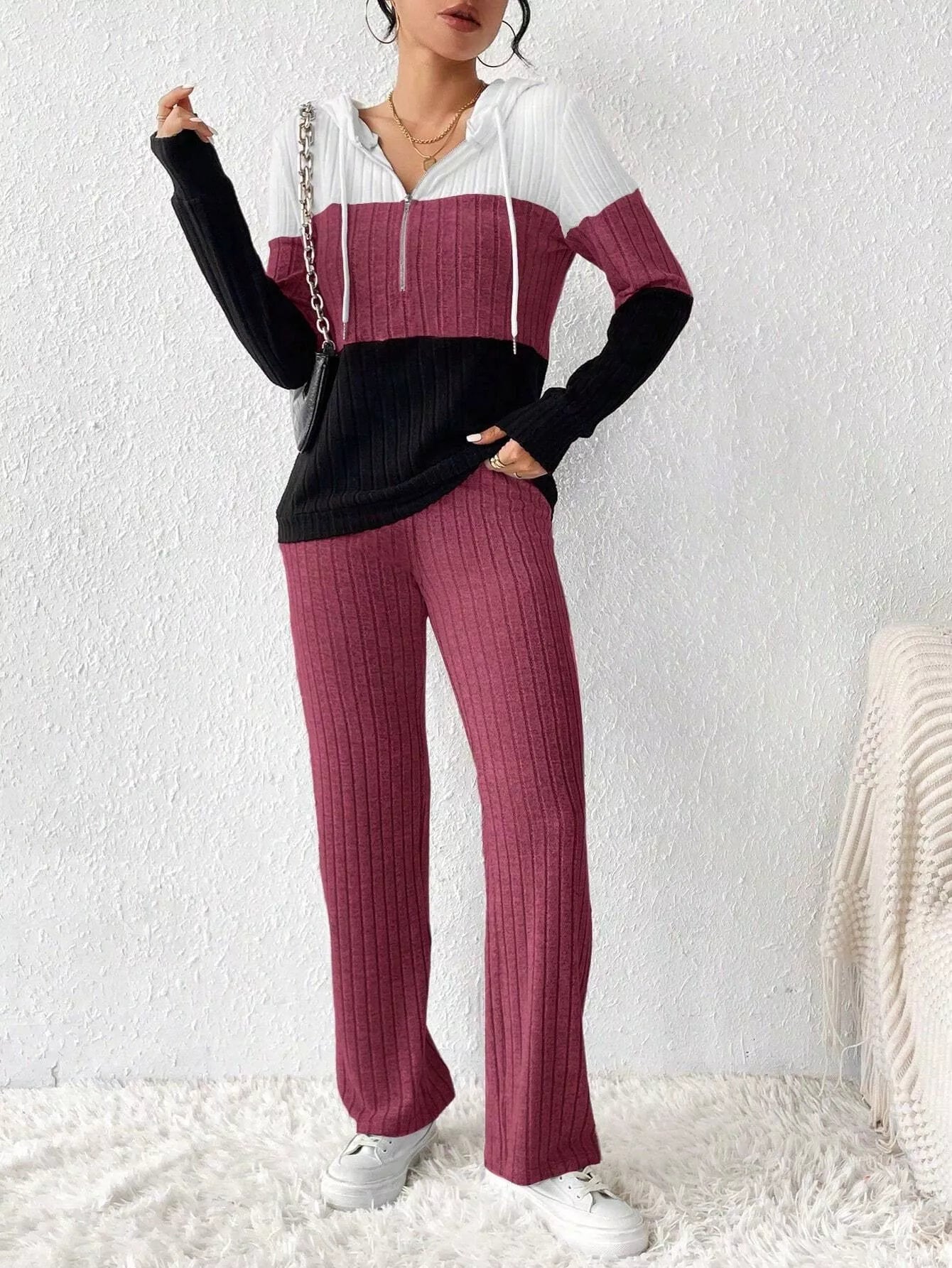 Color Block Half Zip Hooded Top and Pants Set