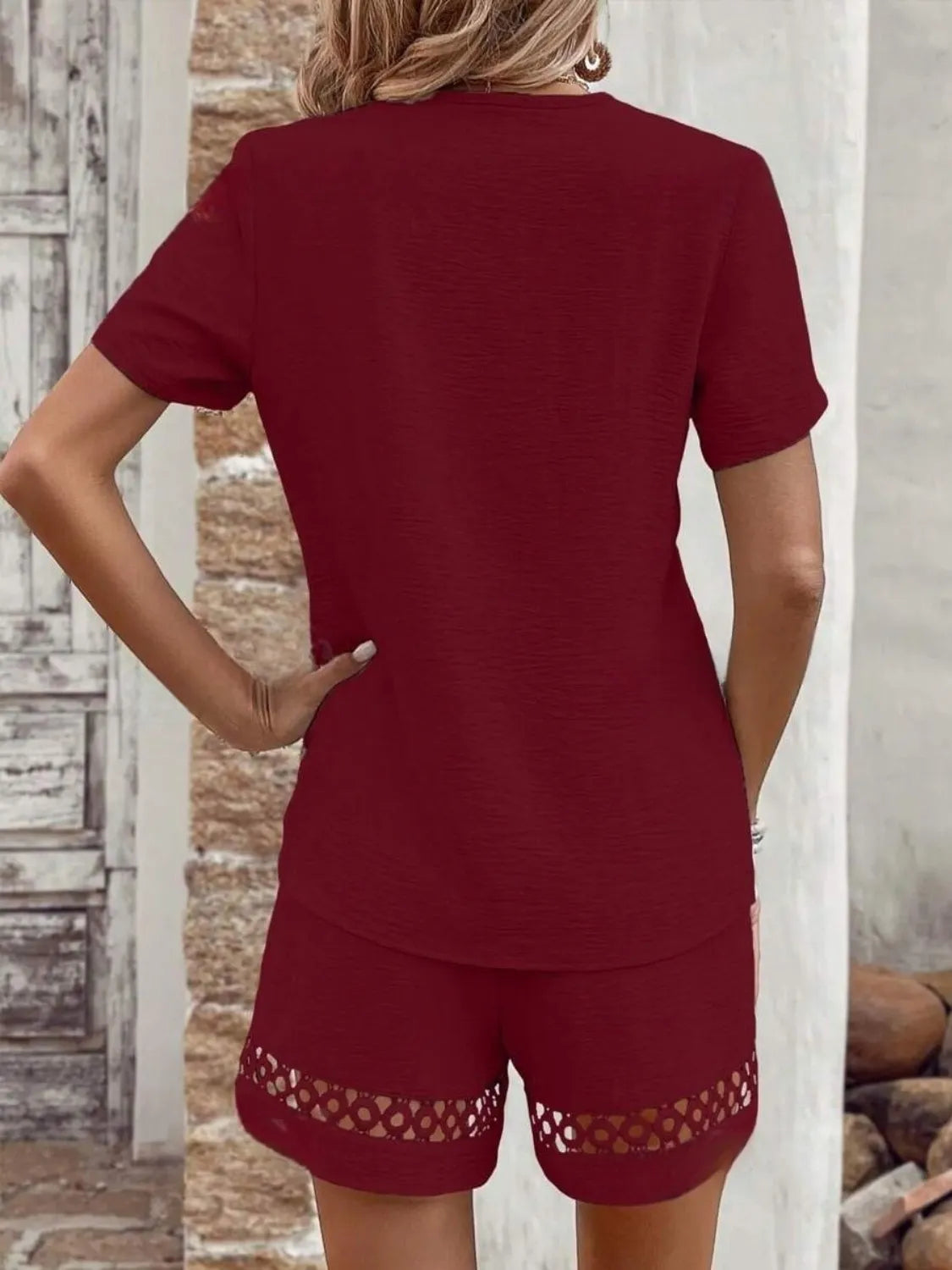 V Neck Short Sleeve Top and Shorts Set