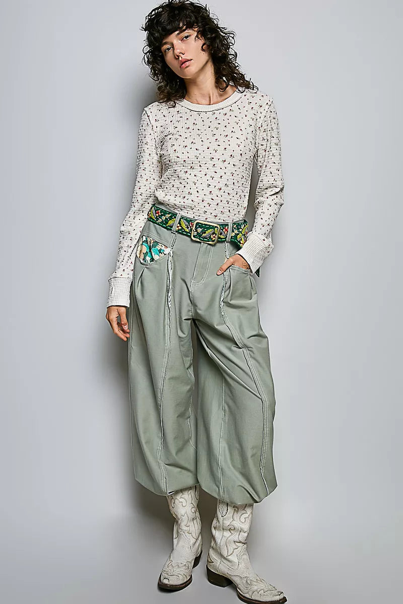 POL Ribbed Knit Floral Crew Neck Long Sleeve Top