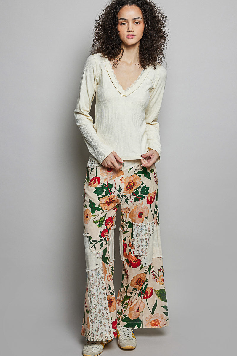 POL V-Neck Long Sleeve Ribbed Top with Lace-Accent Neckband