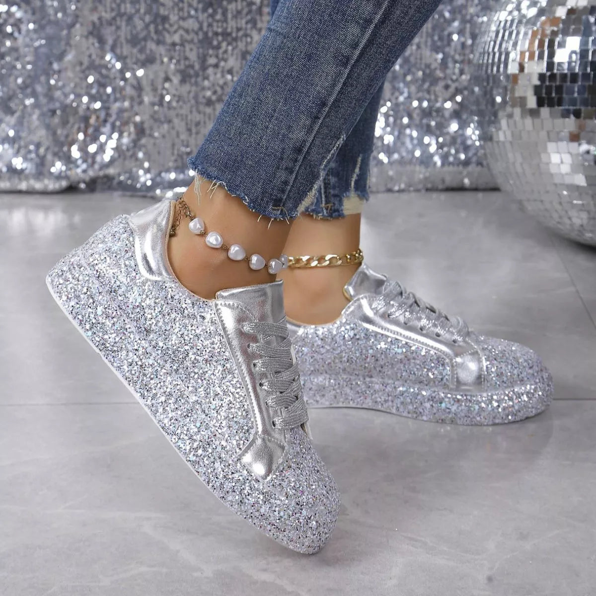 Sequin Lace Up Sneakers