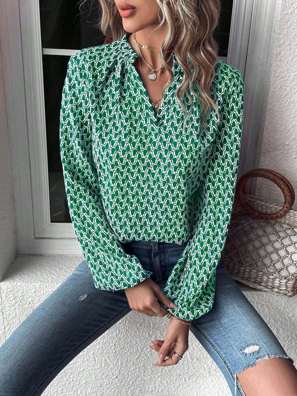 Printed Notched Balloon Sleeve Blouse