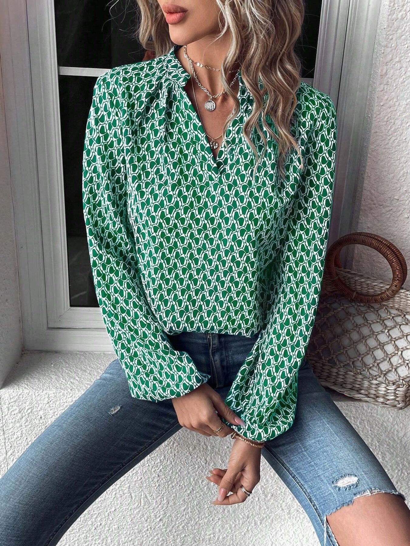 Printed Notched Balloon Sleeve Blouse