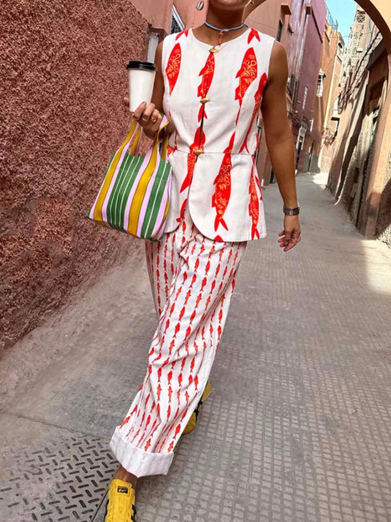 Fish Print Sleeveless Top and Pants Set
