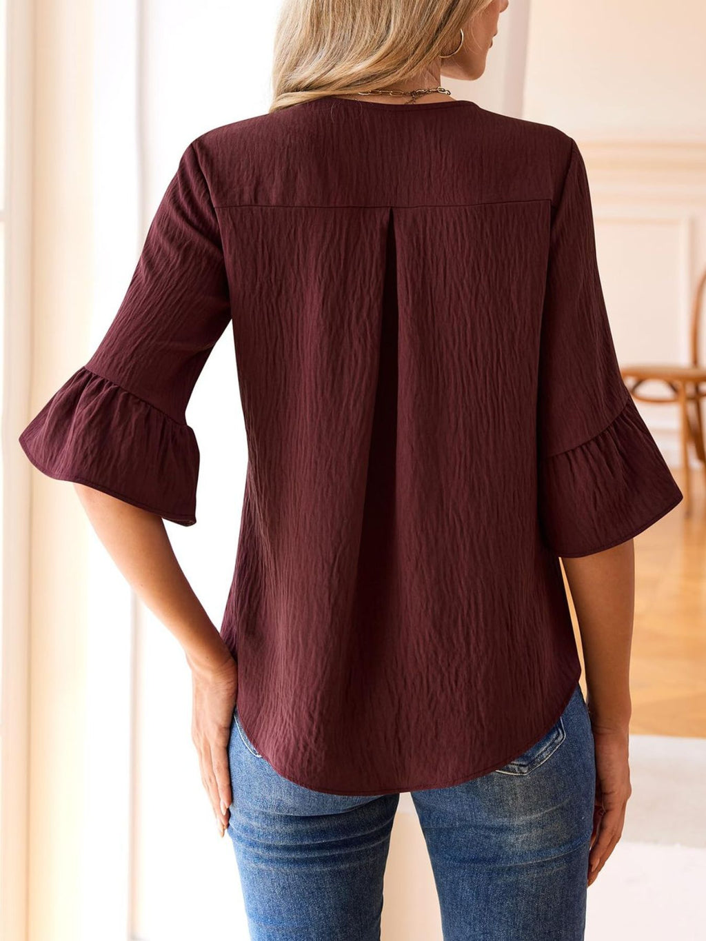 Ruffle V-Neck Flounce Sleeve Blouse