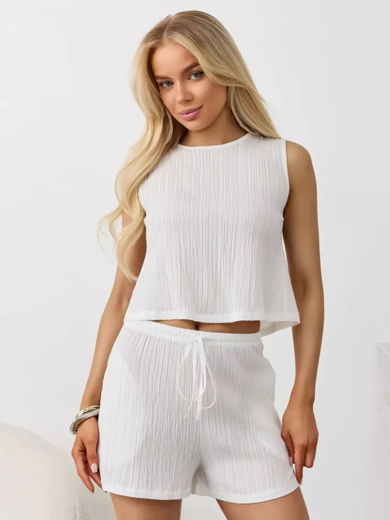 Textured Round Neck Tank and Shorts Set