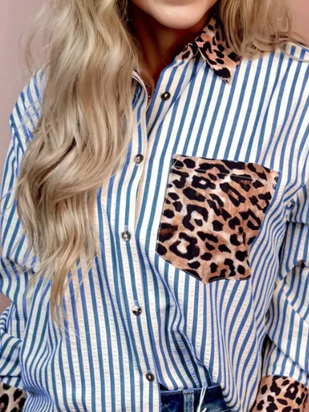 Striped Leopard Print Patchwork Button Up Shirt