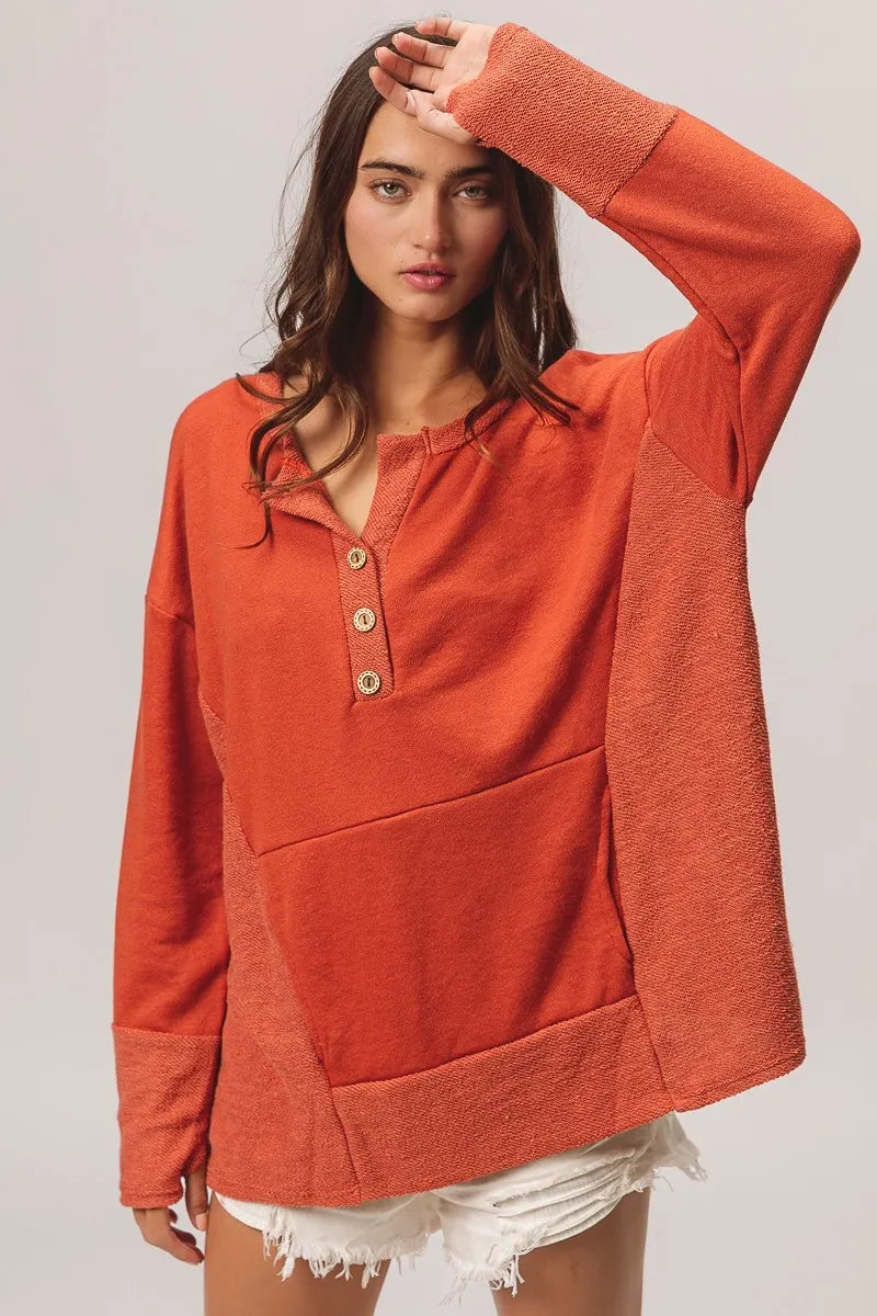 BiBi French Terry Knit Side Block Buttoned Henley Top