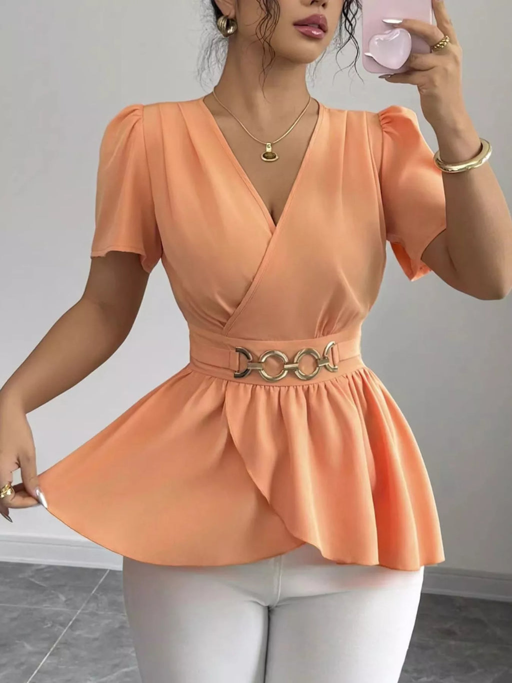 Surplice Short Sleeve Blouse