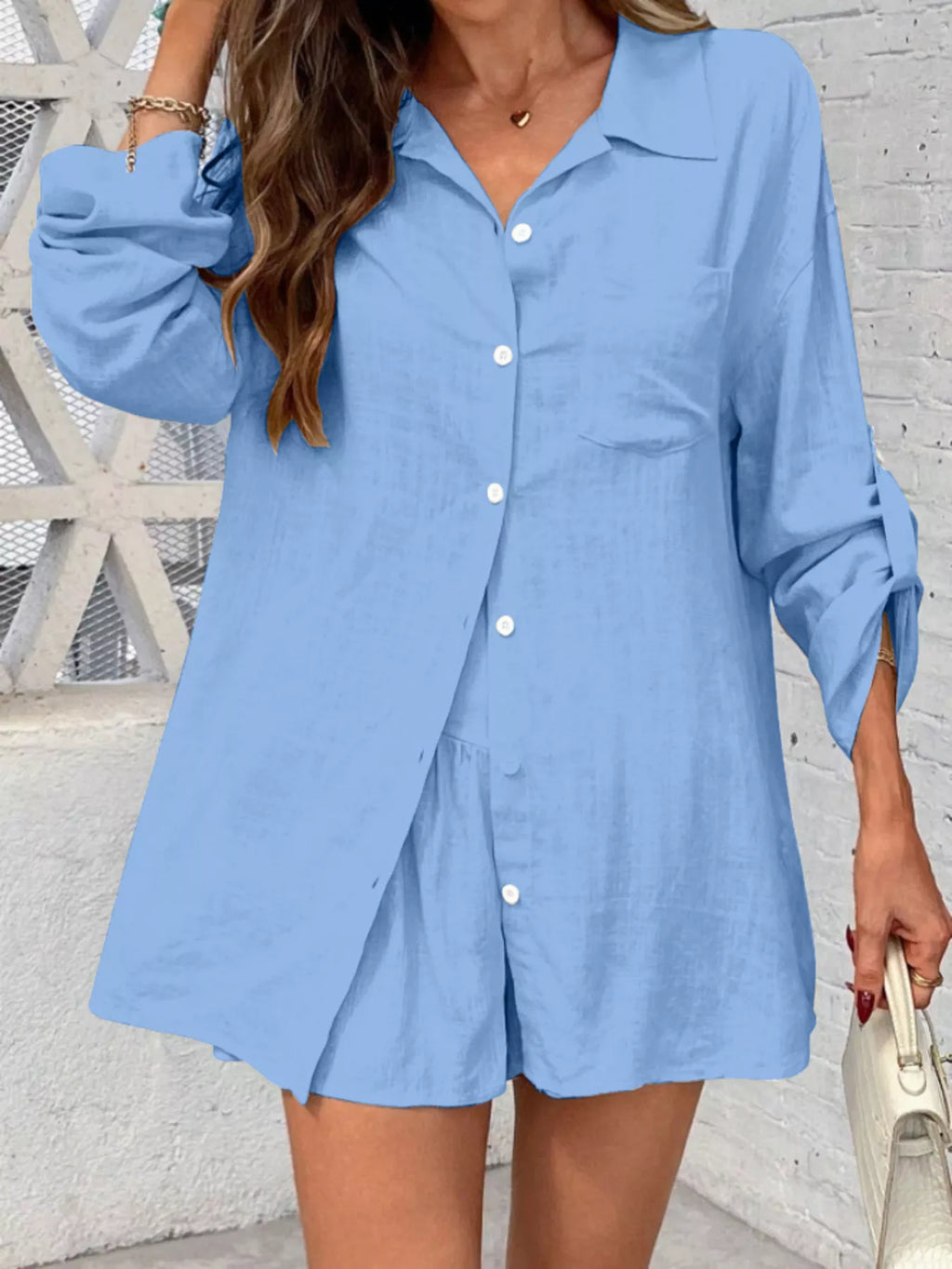 Button Up Roll-Up Sleeve Shirt and Shorts Set
