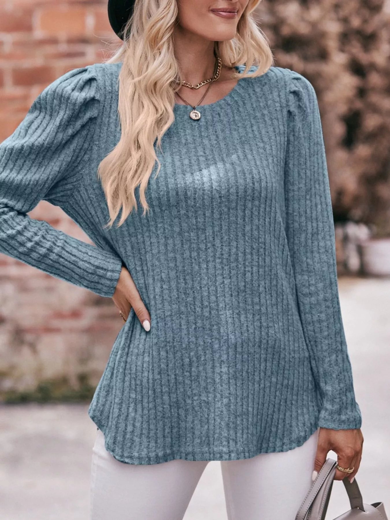 Ribbed Knit Puff Sleeve T-Shirt