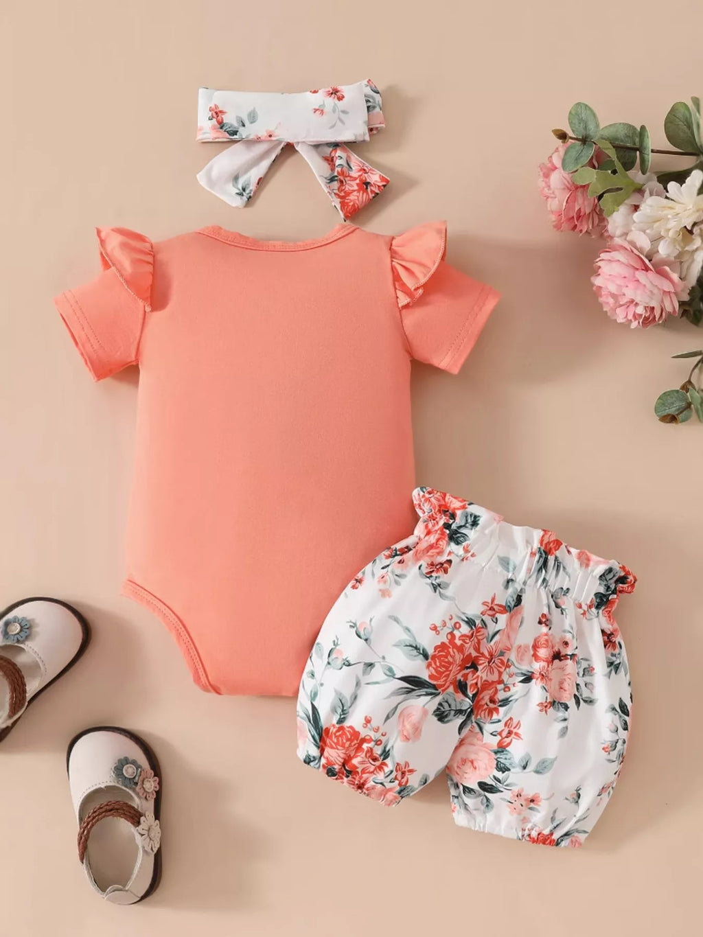 Children's Ruffled Bodysuit and Floral Shorts Set with Headband