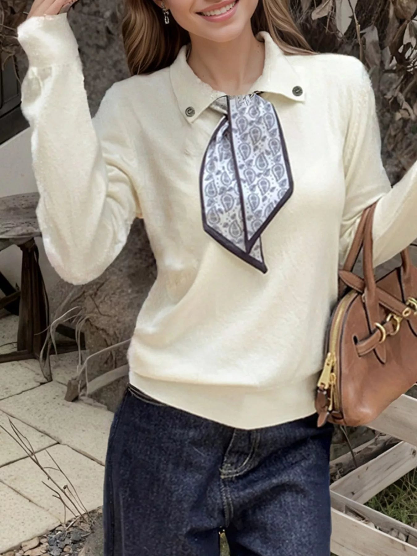 Scarf-Accented Long Sleeve Sweater