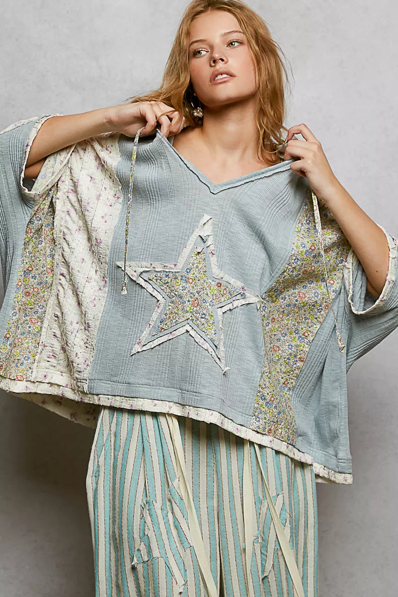 POL Floral Star Patch Hooded Blouse with Lace Contrast Detail