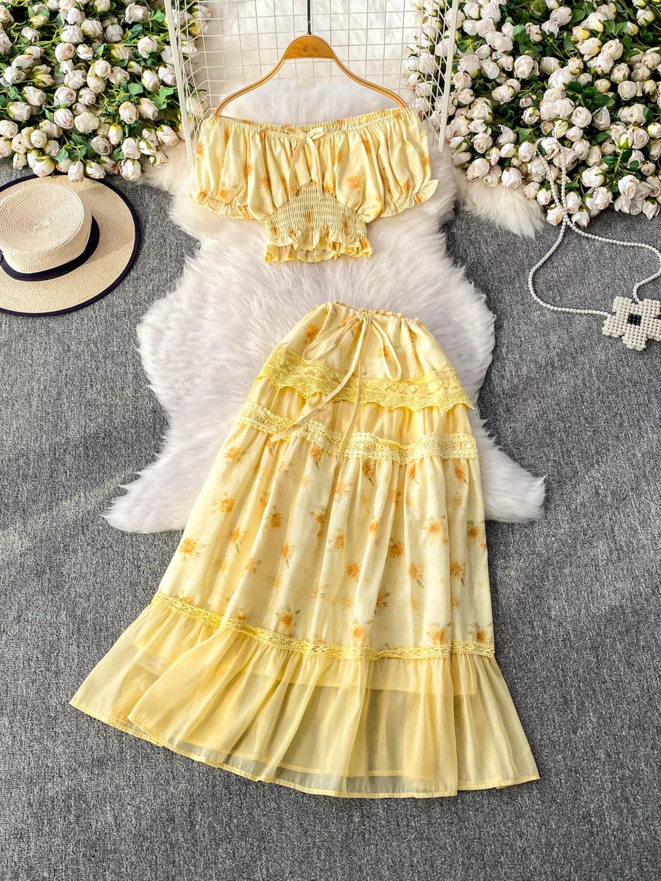 Smocked Floral Top and Skirt Set