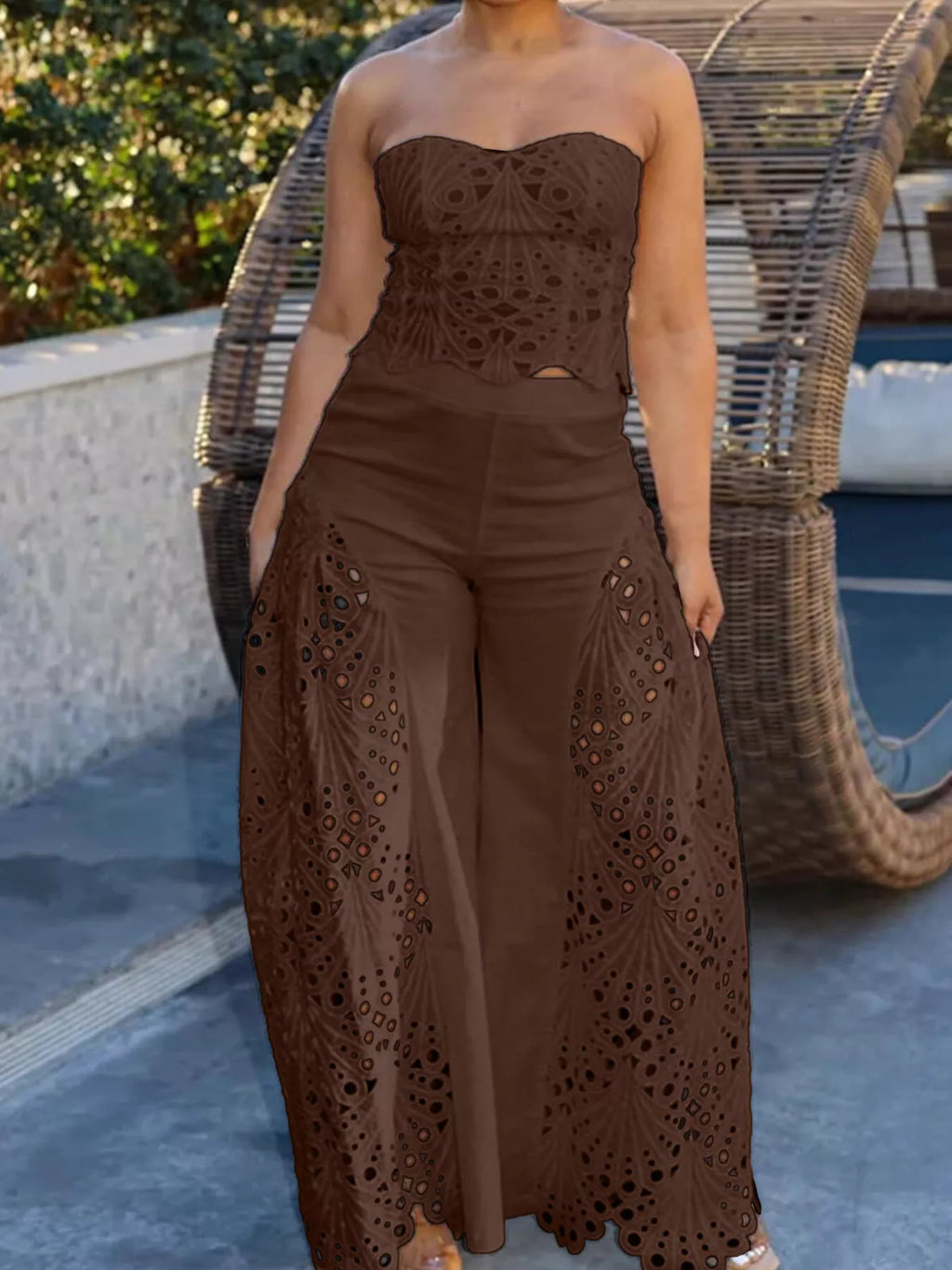 Hollow-Out Tube Top and Pants Two-Piece Set