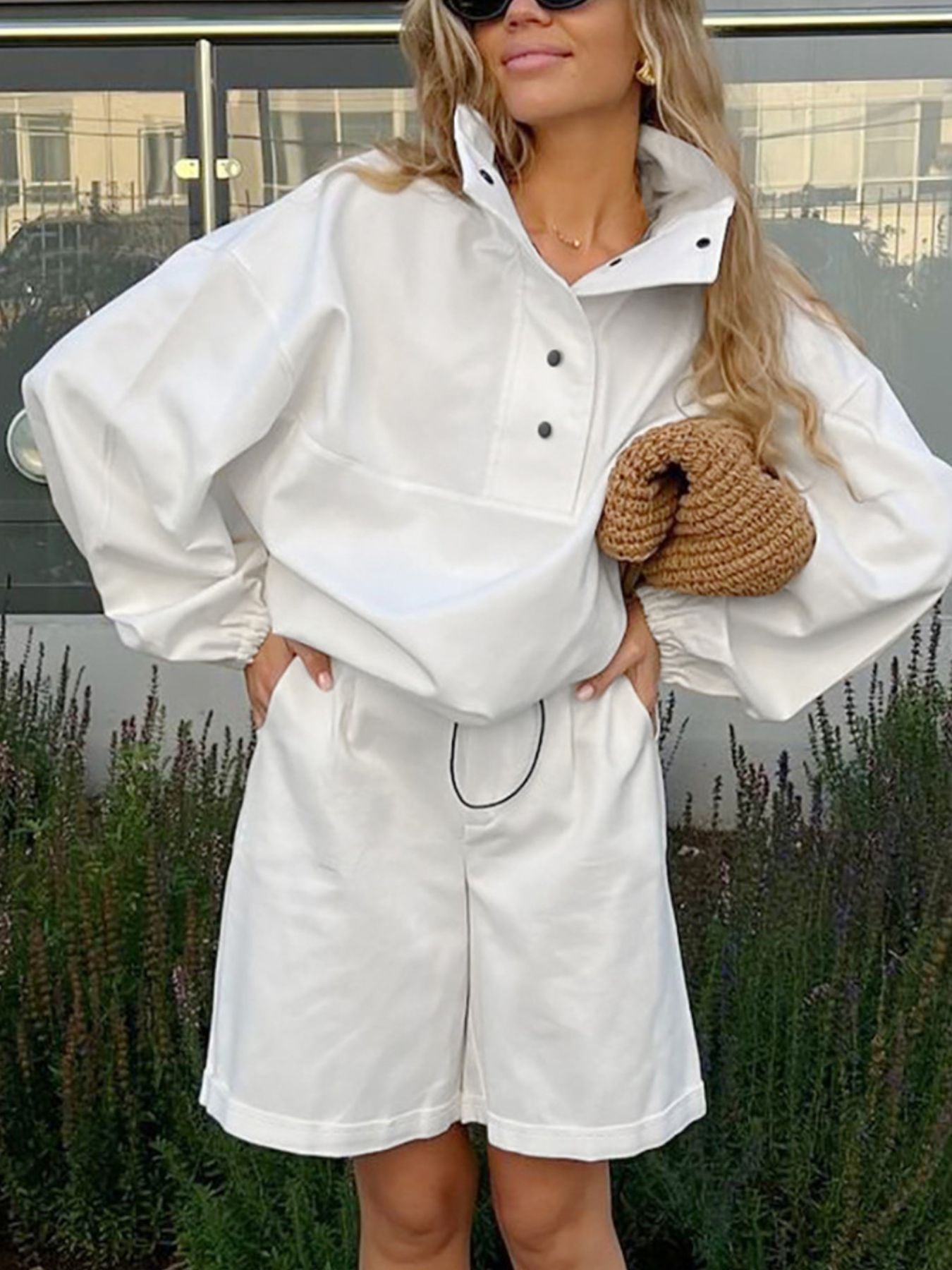 Snap Detail Long Sleeve Top and Shorts Set
