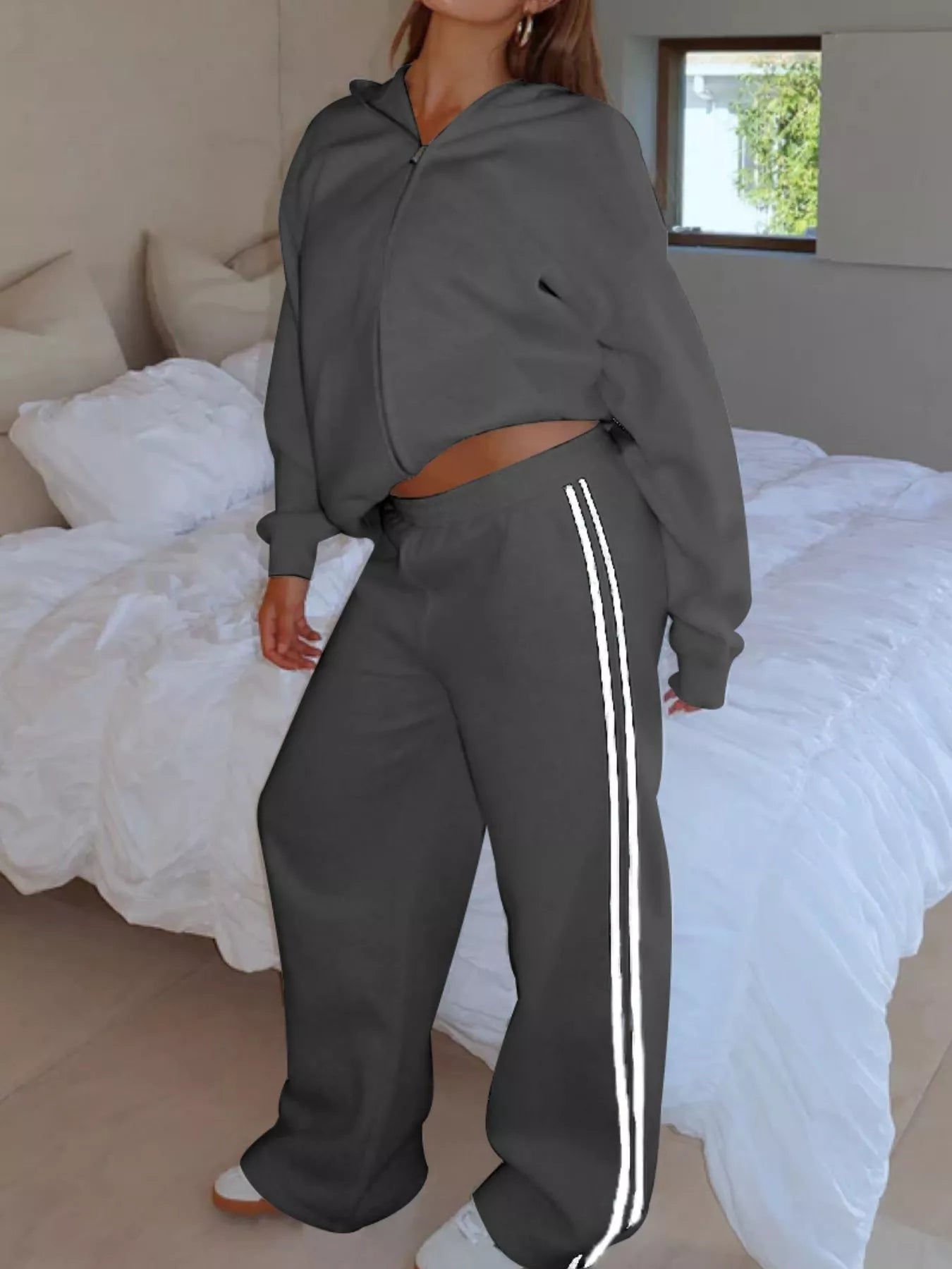 Zip Up Hoodie and Striped Pants Set