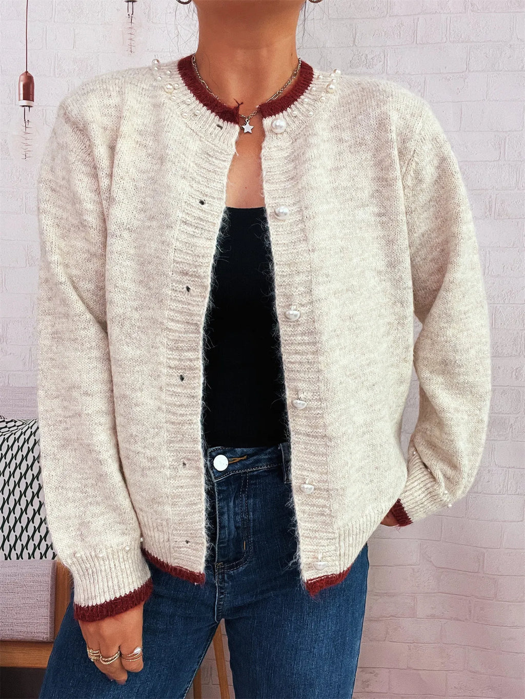 Pearl Embellished Button-Front Cardigan