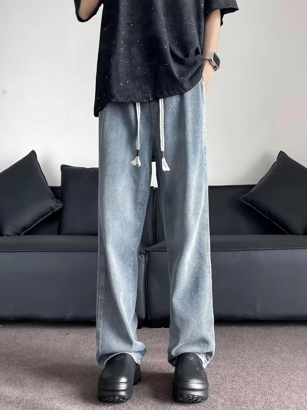 Men's Plus Size Drawstring Washed Wide Leg Jeans