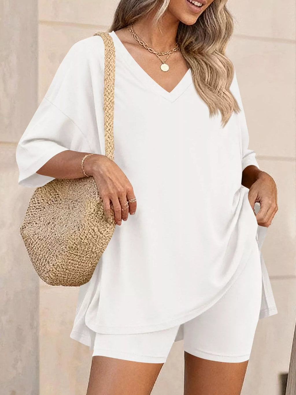 Full Size Casual Loose V-Neck T-Shirt & Shorts Set Plus Size