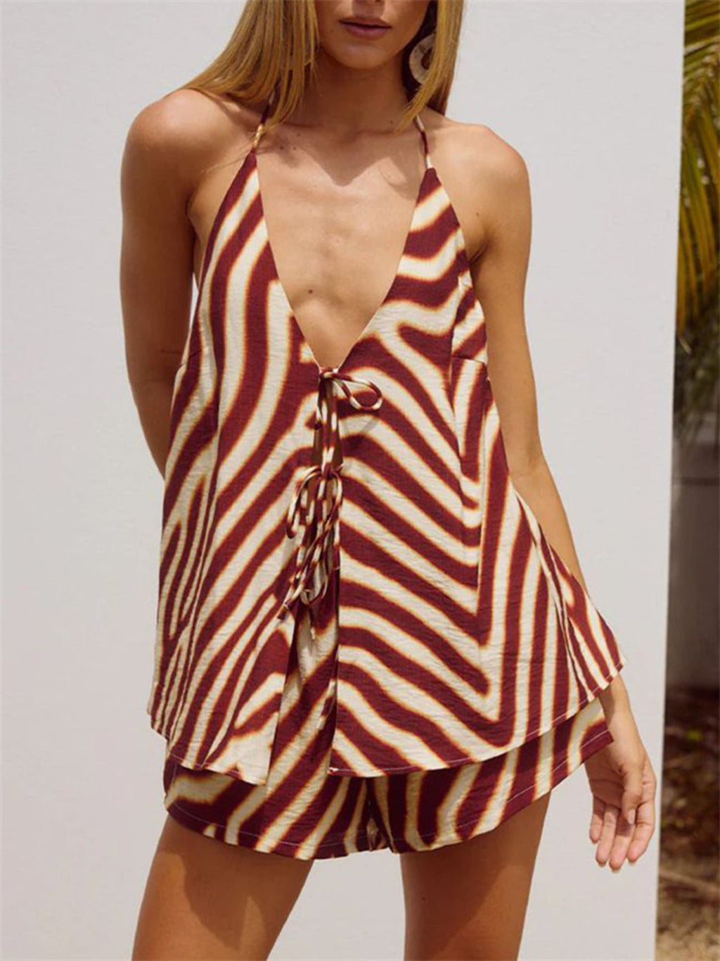 Zebra Print Halter Neck Top and Shorts Set