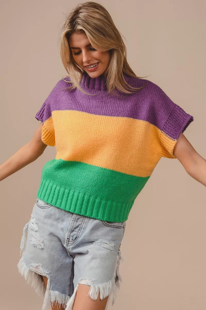 BiBi Mardi Gras Color Block Drop Shoulder Sweater Top