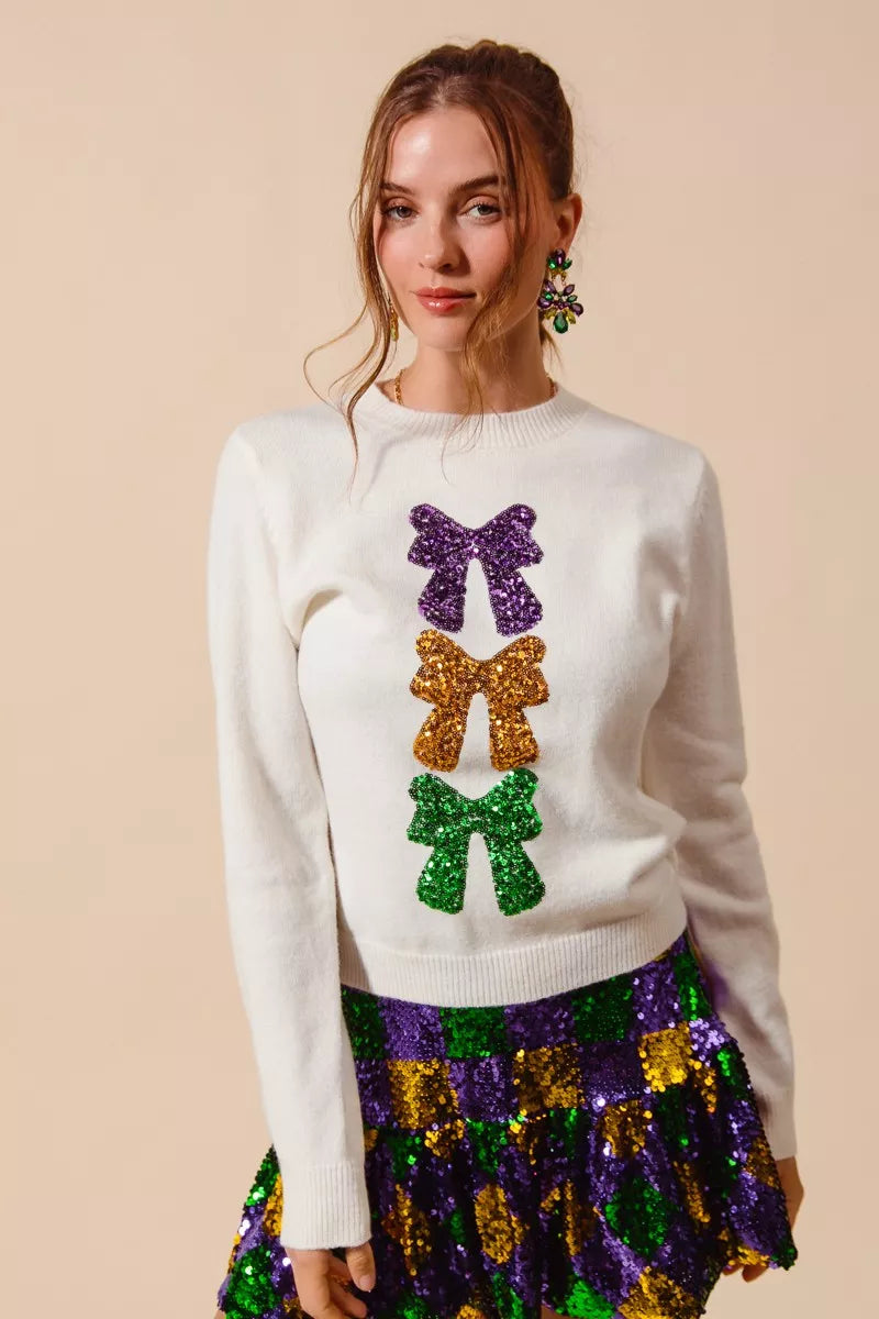 SO ME Mardi Gras Sequins Bow Ribbon Embellished Sweater
