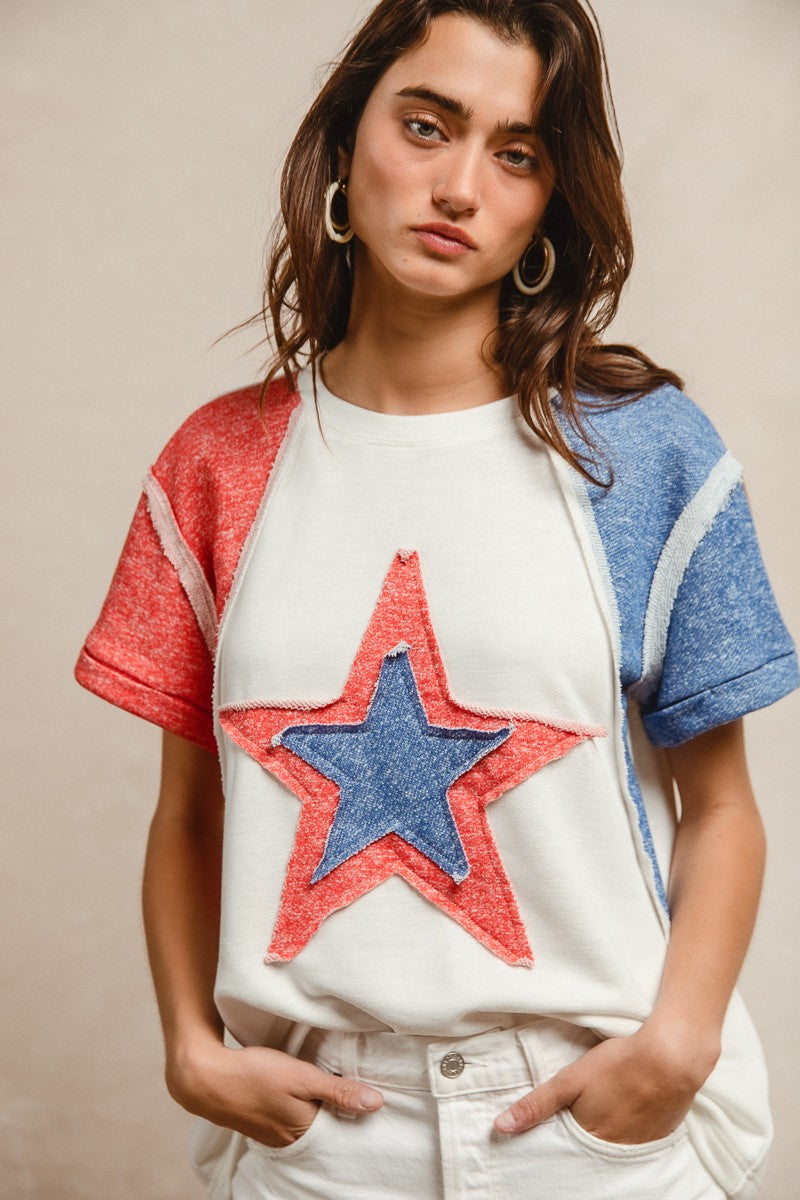 BiBi Contrast French Terry Cut Edge Detail Fourth Of July Theme T-Shirt