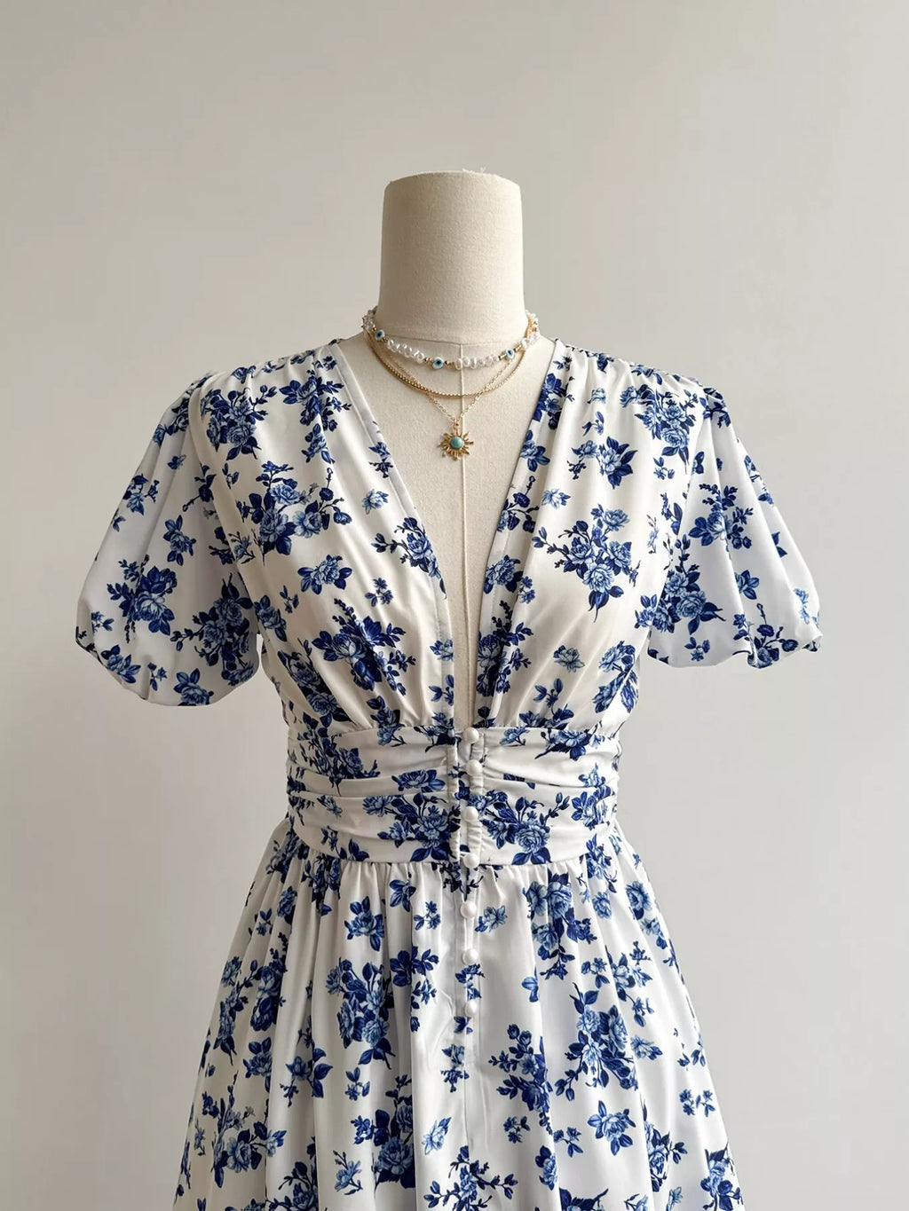 Floral Print V-Neck Puff Sleeve Dress