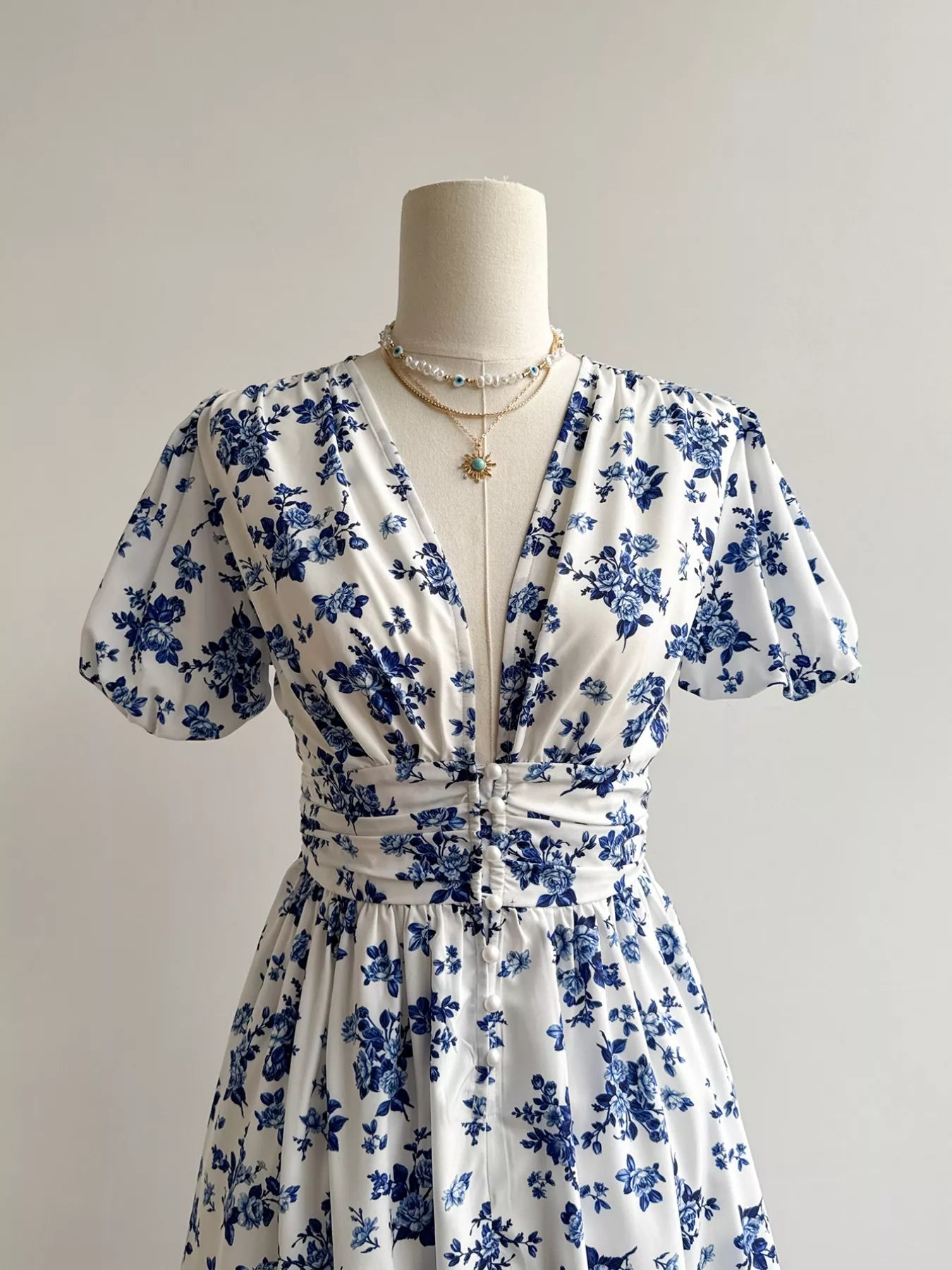 Floral Print V-Neck Puff Sleeve Dress