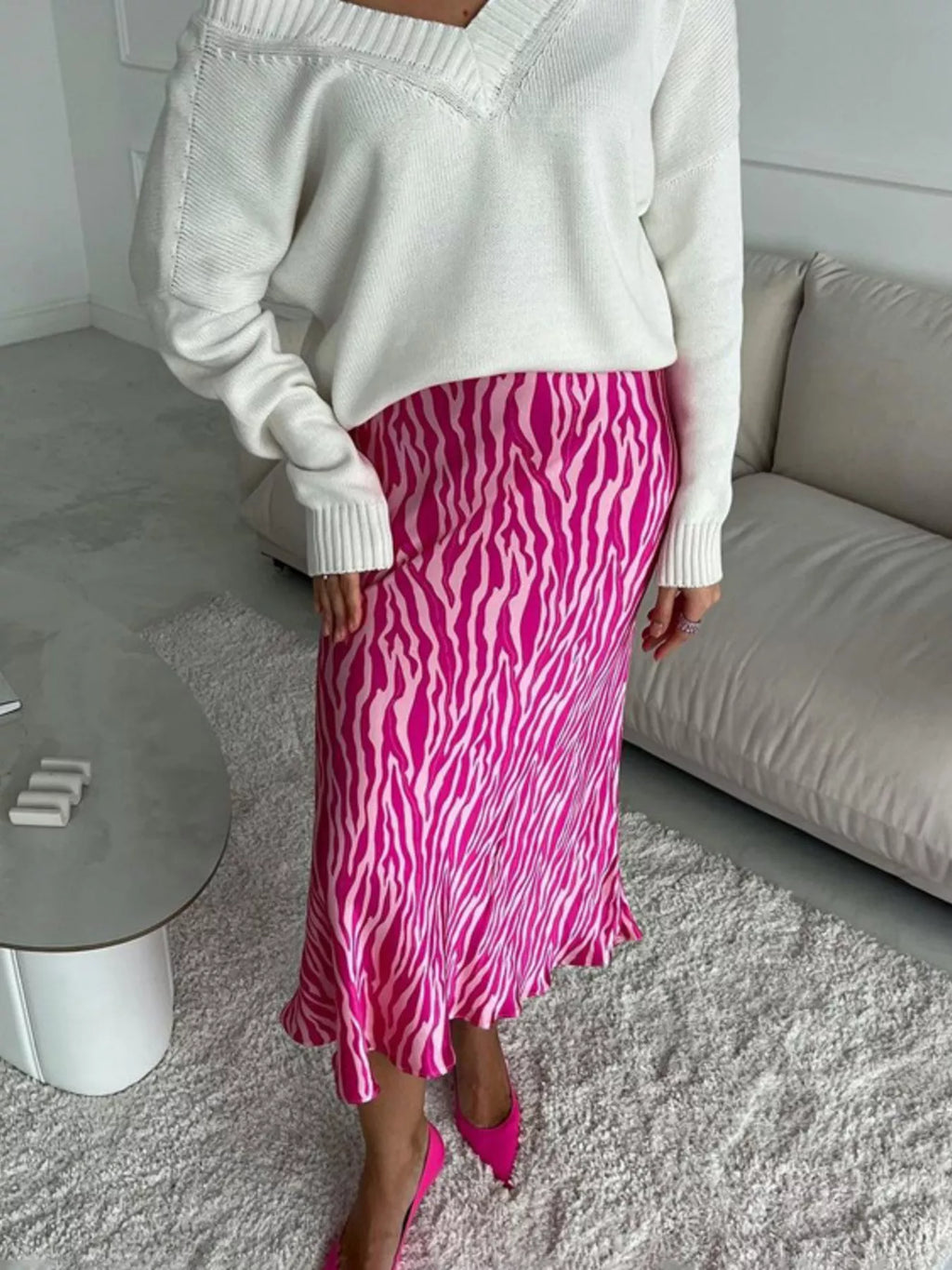 Satin Zebra Print Midi Skirt