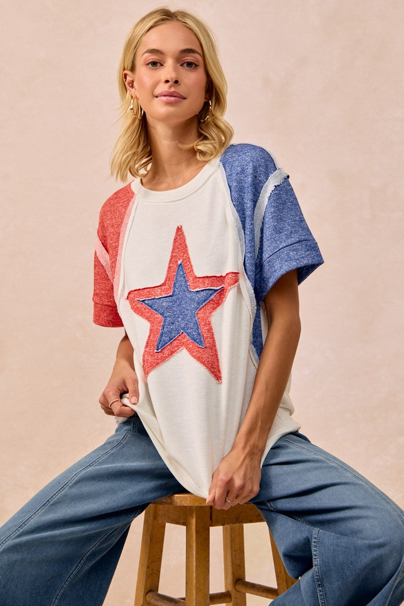 BiBi Contrast French Terry Cut Edge Detail Fourth Of July Theme T-Shirt