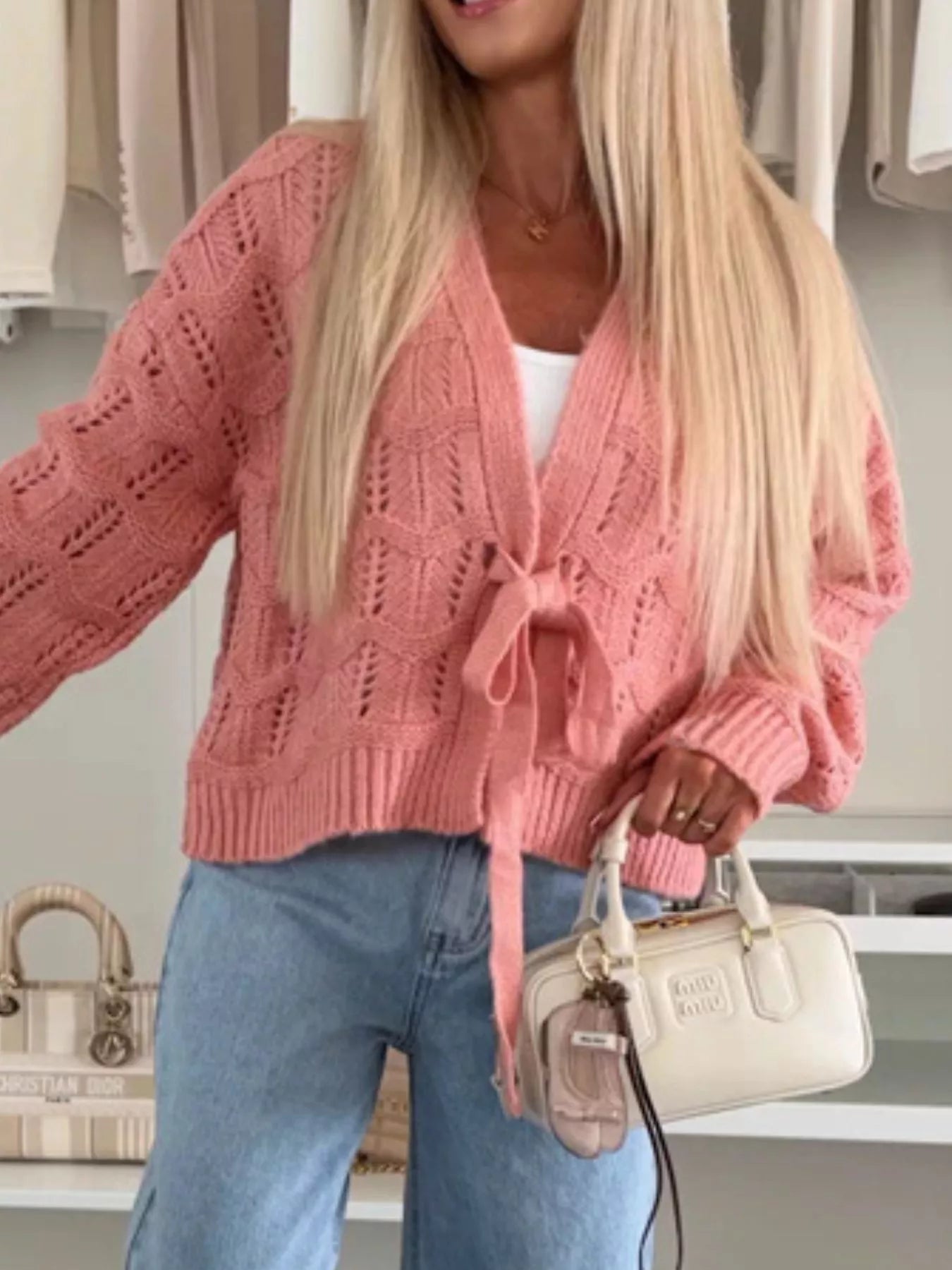 Tie-Front Openwork Cardigan