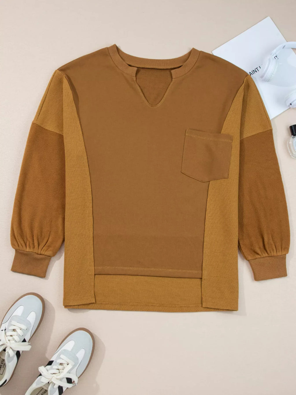 Oversized Textured Split Neck High Low Sweatshirt