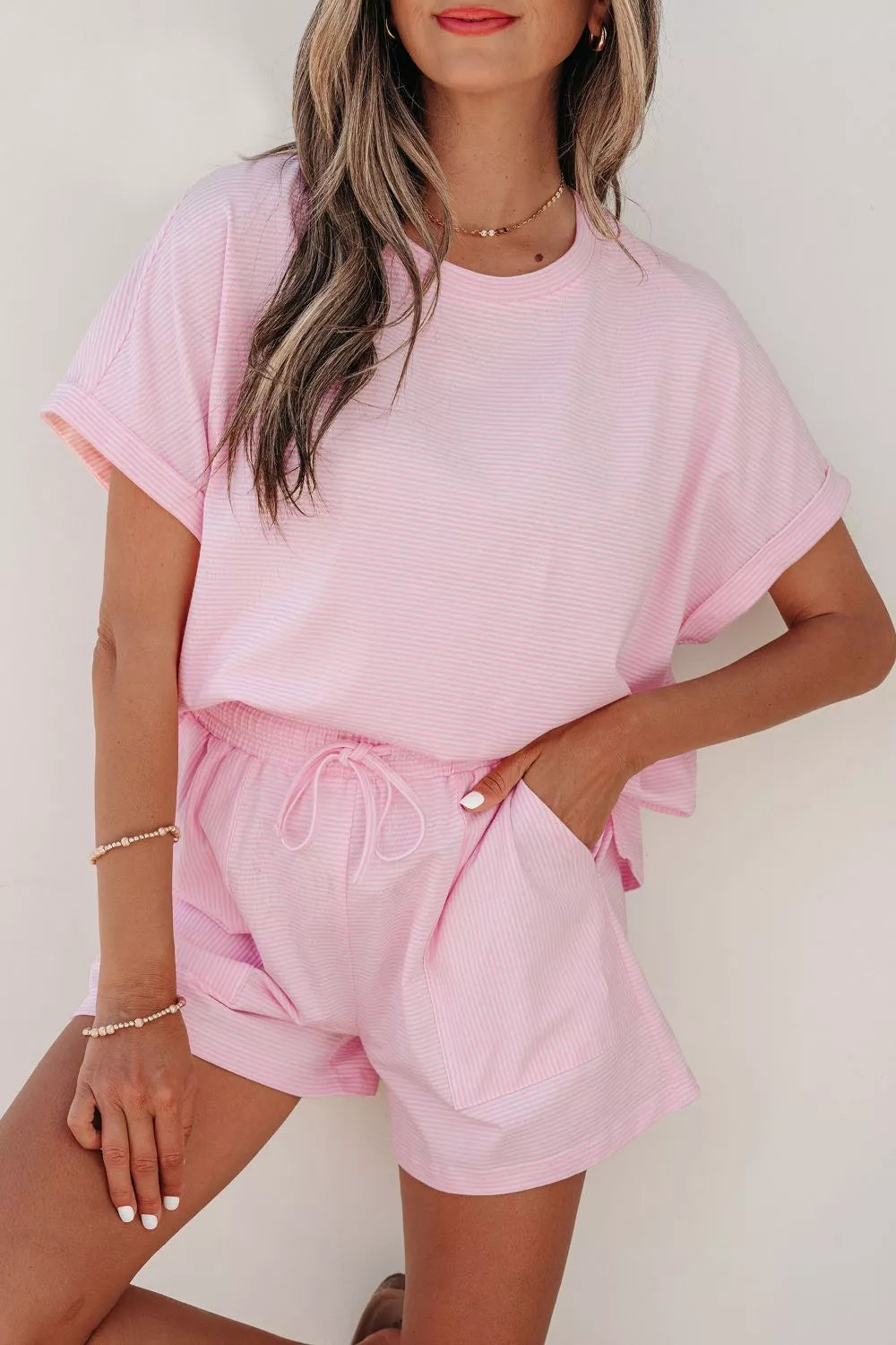 Stripe Matching Oversized Tee and Drawstring Shorts Set