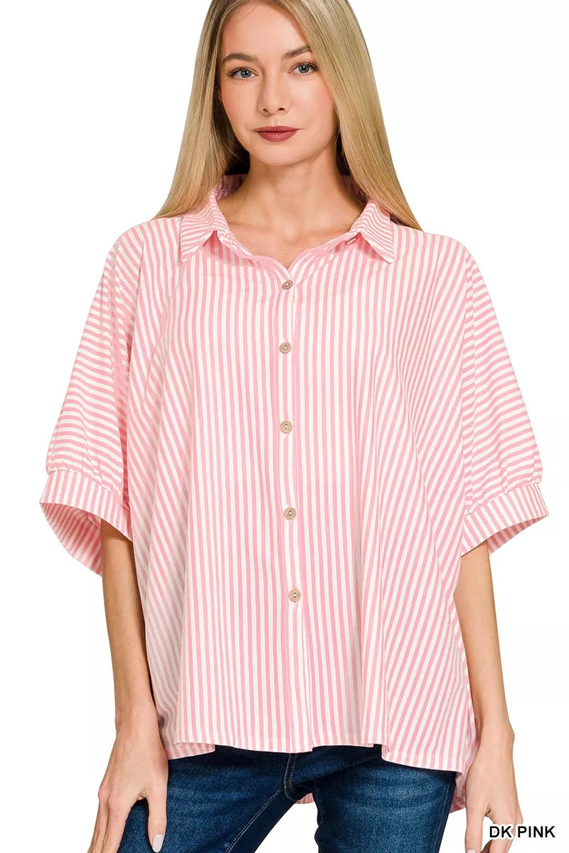 Zenana Oversized Stripe Button Down Shirt