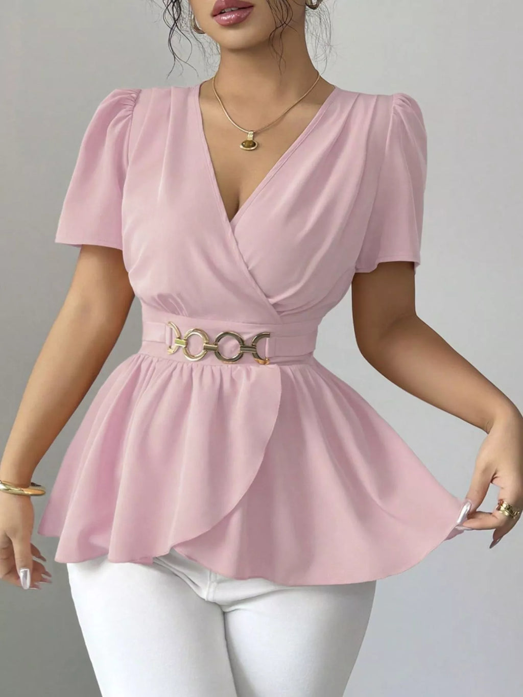 Surplice Short Sleeve Blouse