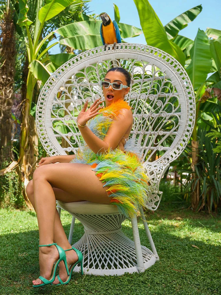 Colorful Feathers Party Dresses For Women Sexy Short Prom Short Luxury Dress Vestidos Feminino