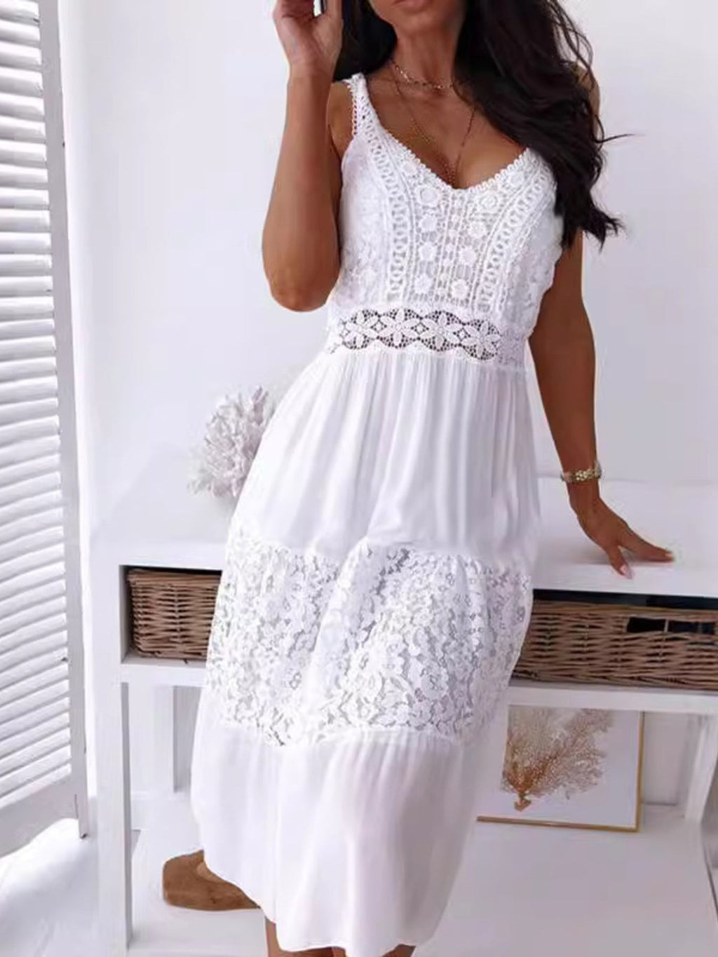 Full Size Lace Trimmed V-Neck Tiered Cami Dress Plus Size
