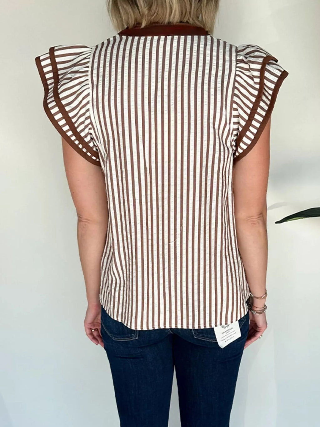 Striped Notched Ruffled Sleeve Blouse